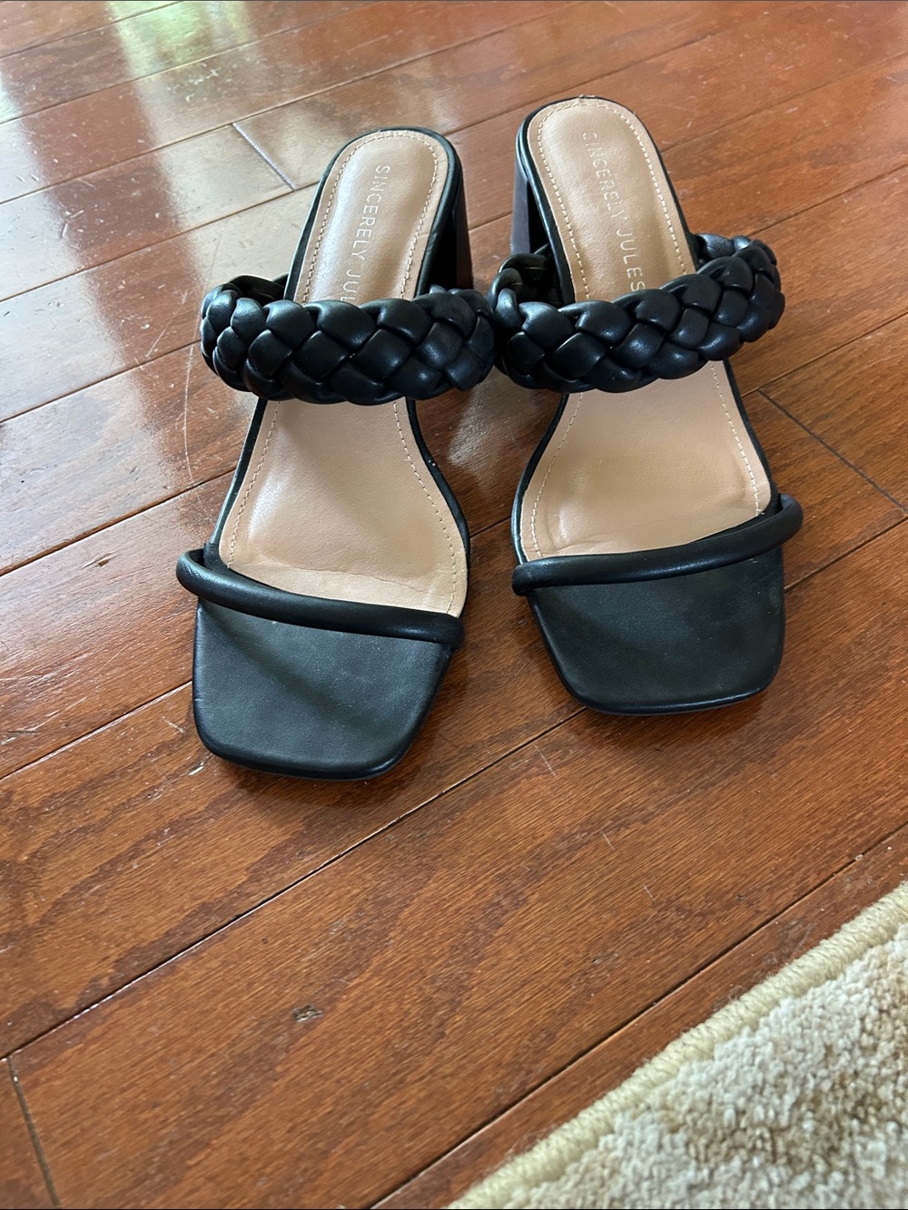 Sincerely Jules Black Braided Strap Square Toe Heeled Slides